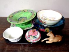 A tray containing assorted ceramics to include Maling bowls, a Sylvac figure of a horse (as found),