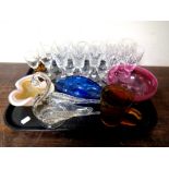 A tray containing assorted glassware to include liqueur glasses, Art Glass ashtray,