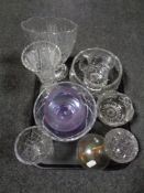 A tray containing assorted 20th century and later cut glass to include vases, fruit bowls,