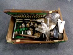 A box containing a canteen of cutlery, assorted plated wares,