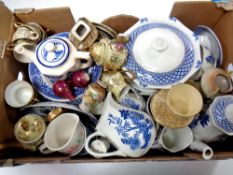 A box containing continental and English tea china,