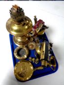 A tray of antique and later brass wares to include Duplex oil lamp, Burmos blow lamp, ash tray,