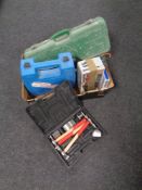 A box of cased power tools : hammer drill, sander, heat gun, auto body repair kit,