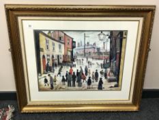 After L S Lowry : Figures in a street, colour print,
