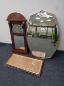 An antique continental mahogany framed mirror with glass panel above (as found),