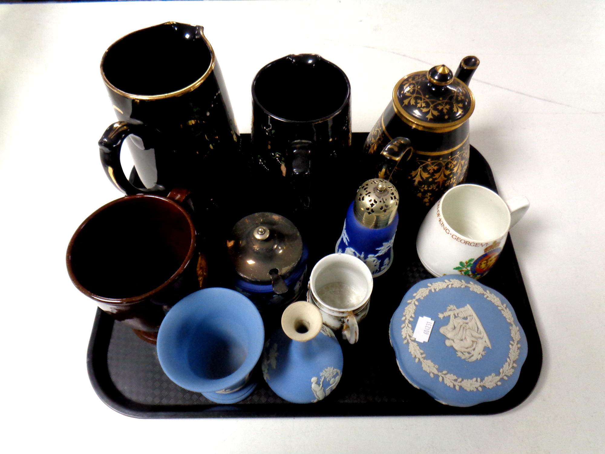A tray of antique and later ceramics : Royal Doulton "drink wisely" tankard,