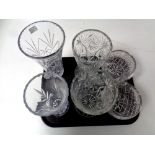 A tray of pair of French crystal cut glass rose bowls, pair of cut glass crystal vases,