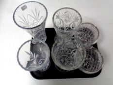 A tray of pair of French crystal cut glass rose bowls, pair of cut glass crystal vases,