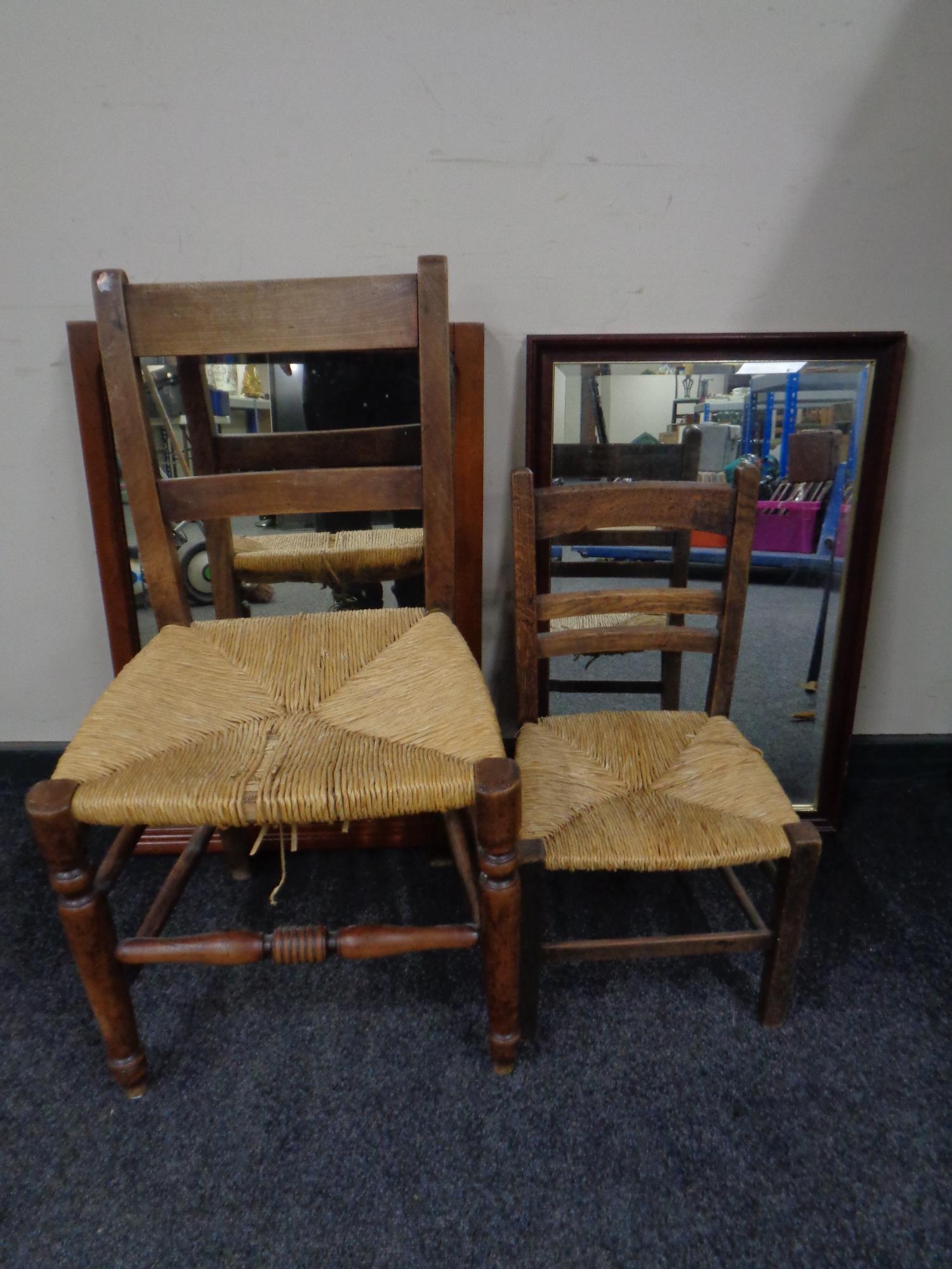 A beech rush seated kitchen chair together with similar child's chair,