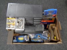 A box of assorted tools and hard ware : glue gun, tap and die set, cased power tool,