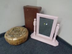 A vintage leather luggage case together with a leather Moroccan footstool and a painted pine