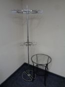 A 20th century Scandinavian metal hat and coat stand together with a further metal glass topped