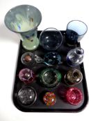 A tray containing 20th century glassware to include Caithness and art glass vases,