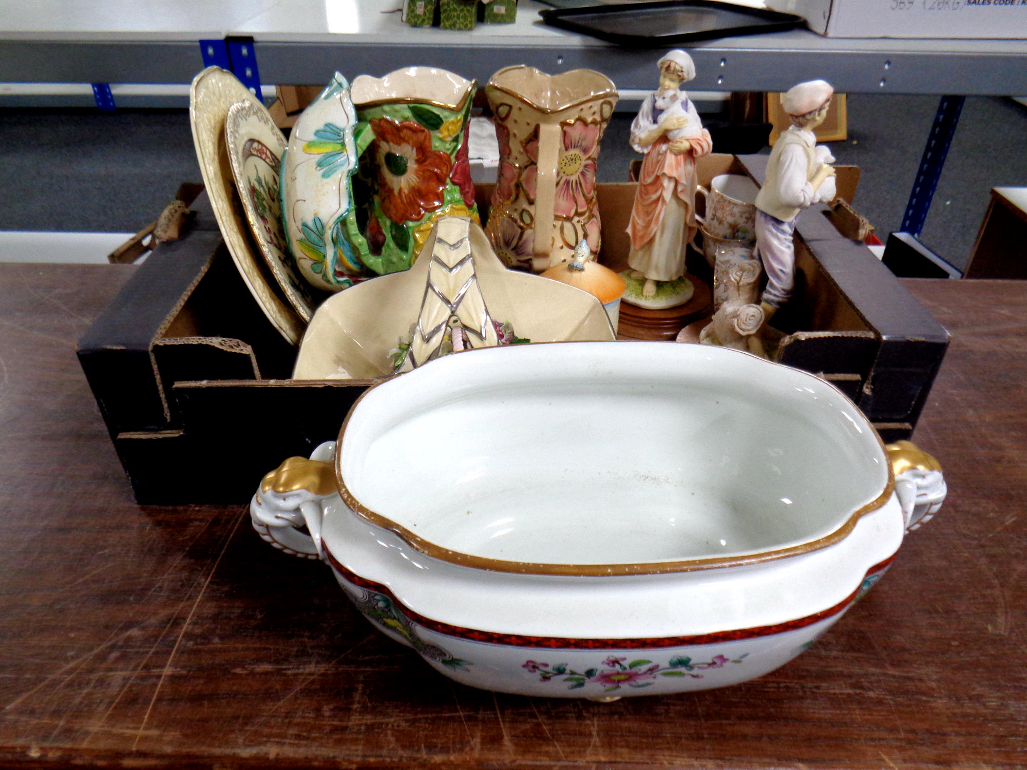 A box containing assorted ceramics to include 19th century terrene, Wade Heath jug,