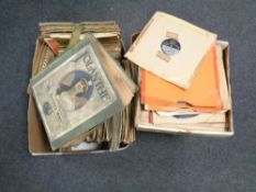 Three boxes containing a large quantity of vinyl 78s to include HMV compilation folders,