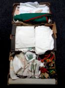 Three boxes containing a large quantity of assorted vintage linens,