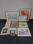 Assorted pictures and prints to include oil on board, flowers, Monet print,