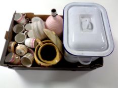 A box of miscellania : Woods planter and dish, enamelled bread bin,