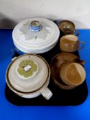 A tray containing two Denby lidded cooking pots together with five Denby cups and saucers and two