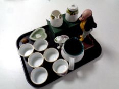 A tray containing assorted ceramics to include an Aynsley Dickens Series Mr Pickwick figure,