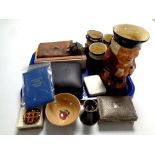 A tray of character jugs, trinket boxes, costume jewellery,