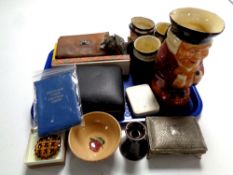 A tray of character jugs, trinket boxes, costume jewellery,