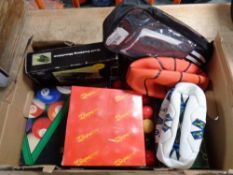 A box containing two netballs, boxed snooker balls, putting machine,