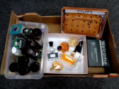 A box containing perfumes and aftershaves including Jimmy Choo, shoe care products,
