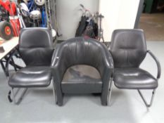 A faux leather tub chair together with a pair of office armchairs