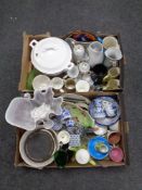 Two boxes containing assorted glassware and ceramics to include soup terrene, continental vases,