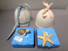Two Lladro bells and a two further Lladro figures - starfish and turtle (boxed)