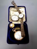 A gilt fob watch in case, silver cased fob watch (as found),