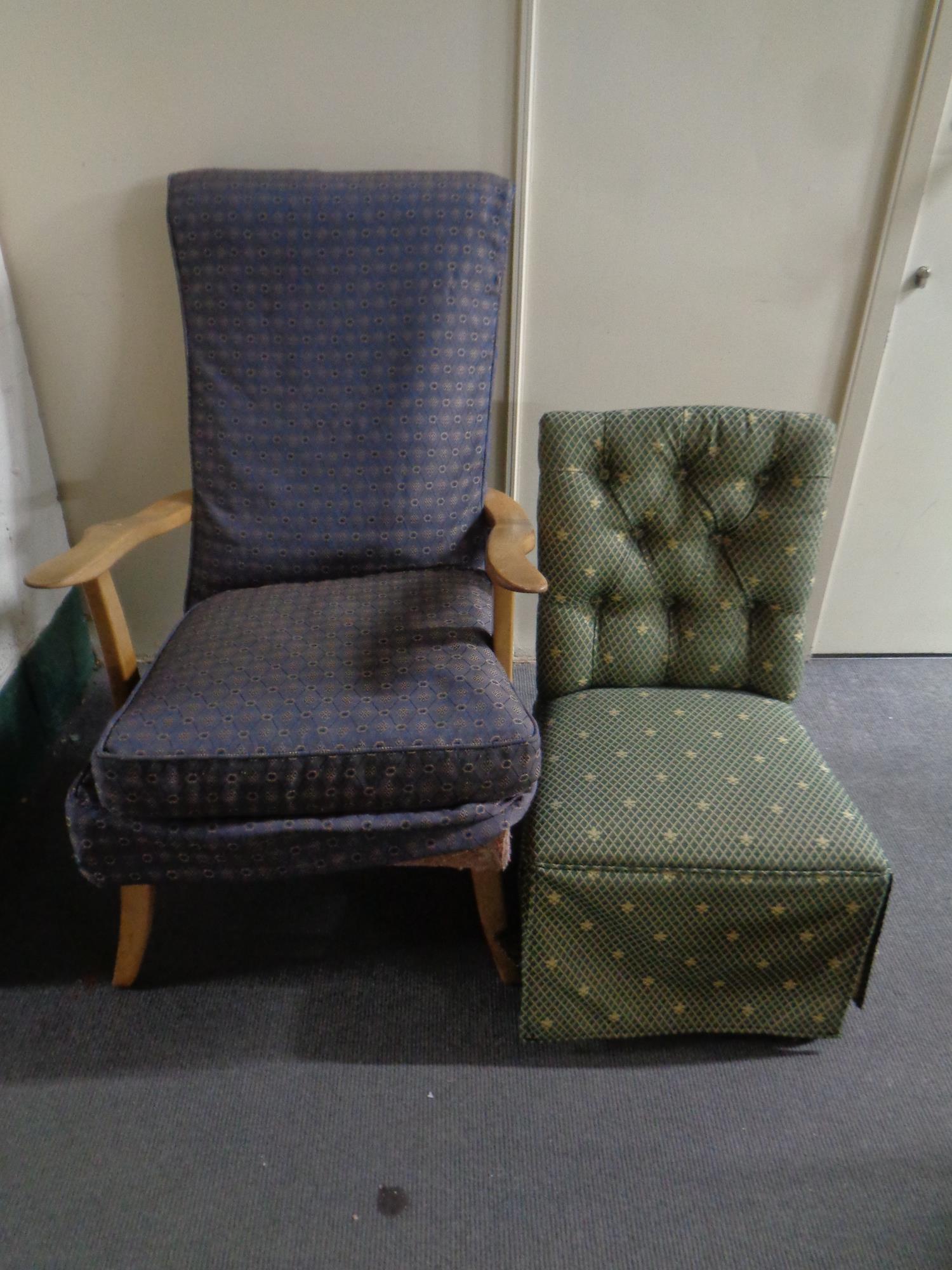 An Edwardian bedroom chair with a loose cover together with a mid 20th century armchair