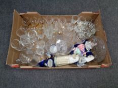 A box containing antique and later drinking glasses, crystal basket and vase, Spanish figure,