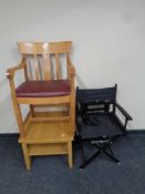 A beech armchair together with a contemporary oak two tier lamp table and two folding director's