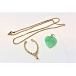 A 9ct gold necklace, 2.1g, together with 9ct gold wishbone pendant 3.1g and heart shaped pendant.