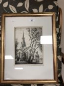 An antique etching depicting a church, signed H S Bynon, framed, 21 cm x 28 cm.