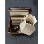 A box of antique brass wall lamp, porcelain table lamp with shade, assorted framed pictures,