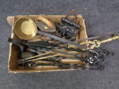 A box containing antique metal wares to include brass and wrought iron companion pieces,