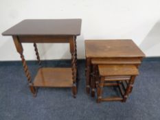 A barley twist occasional table together with a nest of three oak tables