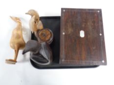 A tray containing wooden items to include a 19th century rosewood jewellery box,