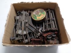 A box containing a vintage Hornby clockwork tin plate train set