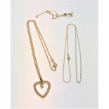 Two fine 9ct gold necklaces together with a 9ct gold necklace with heart shaped pendant, 3.8g.