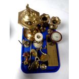 A tray of antique and later brass wares - pair of Indian brass vases, cribbage board, ornaments,