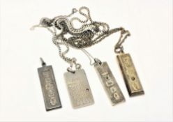 Three Sterling silver ingots, a further silver pendant, each mounted on chains, 89.5g gross.