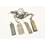 Three Sterling silver ingots, a further silver pendant, each mounted on chains, 89.5g gross.