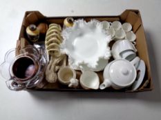 A box containing miscellaneous ceramics and glassware to include handkerchief dish,