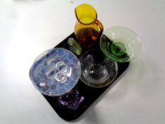 A tray containing 20th century and later glassware to include a French opaque glass dish in the