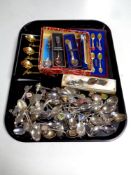 A tray containing a quantity of boxed and unboxed teaspoons to include crested teaspoons,