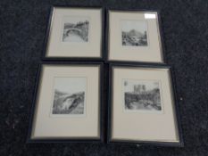 Four signed Donald Crawford black and white etchings to include Durham Cathedral